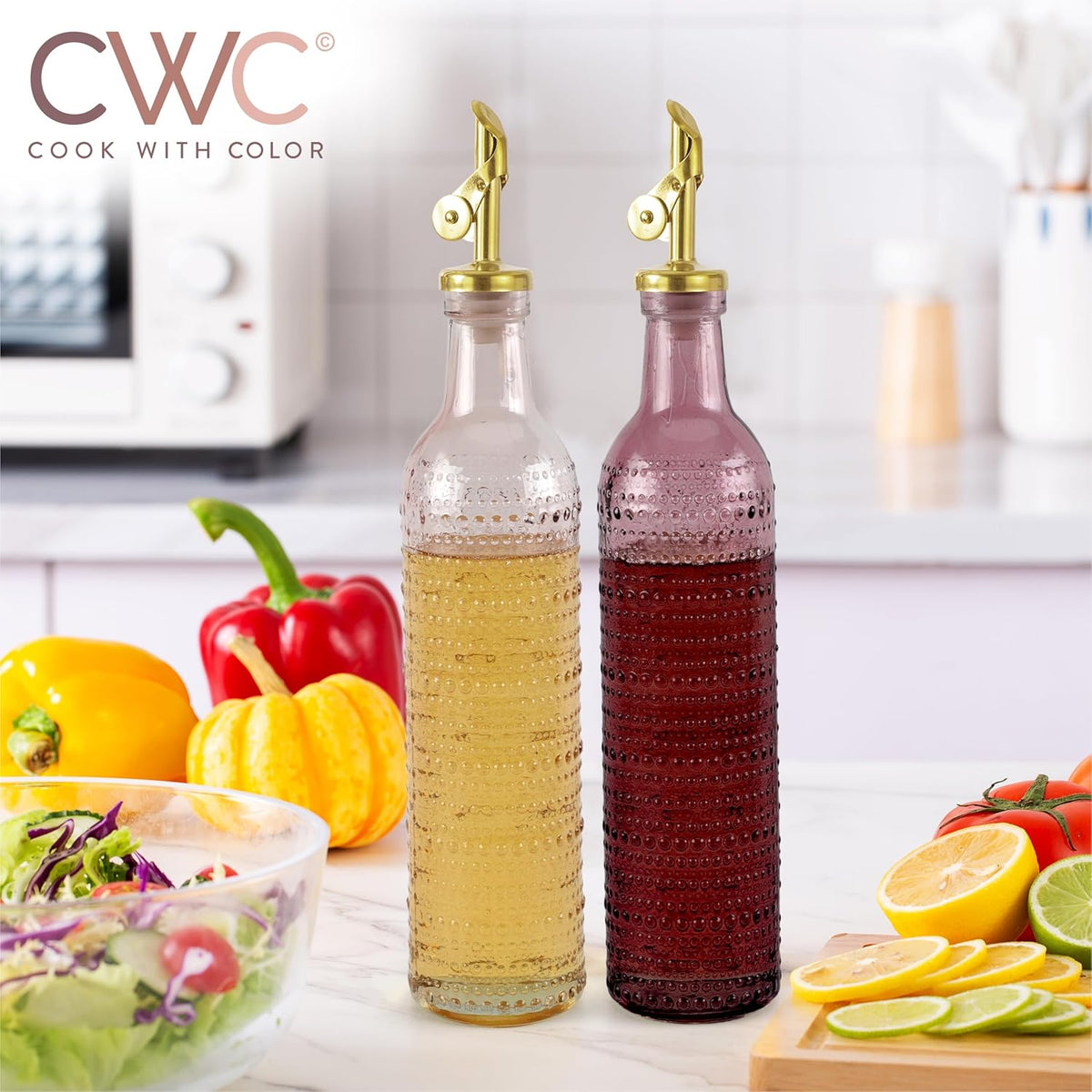 COOK WITH COLOR Glass Olive Oil Bottle Dispenser - 2 Pack- 17oz Oil and Vinegar Cruet - Olive Oil