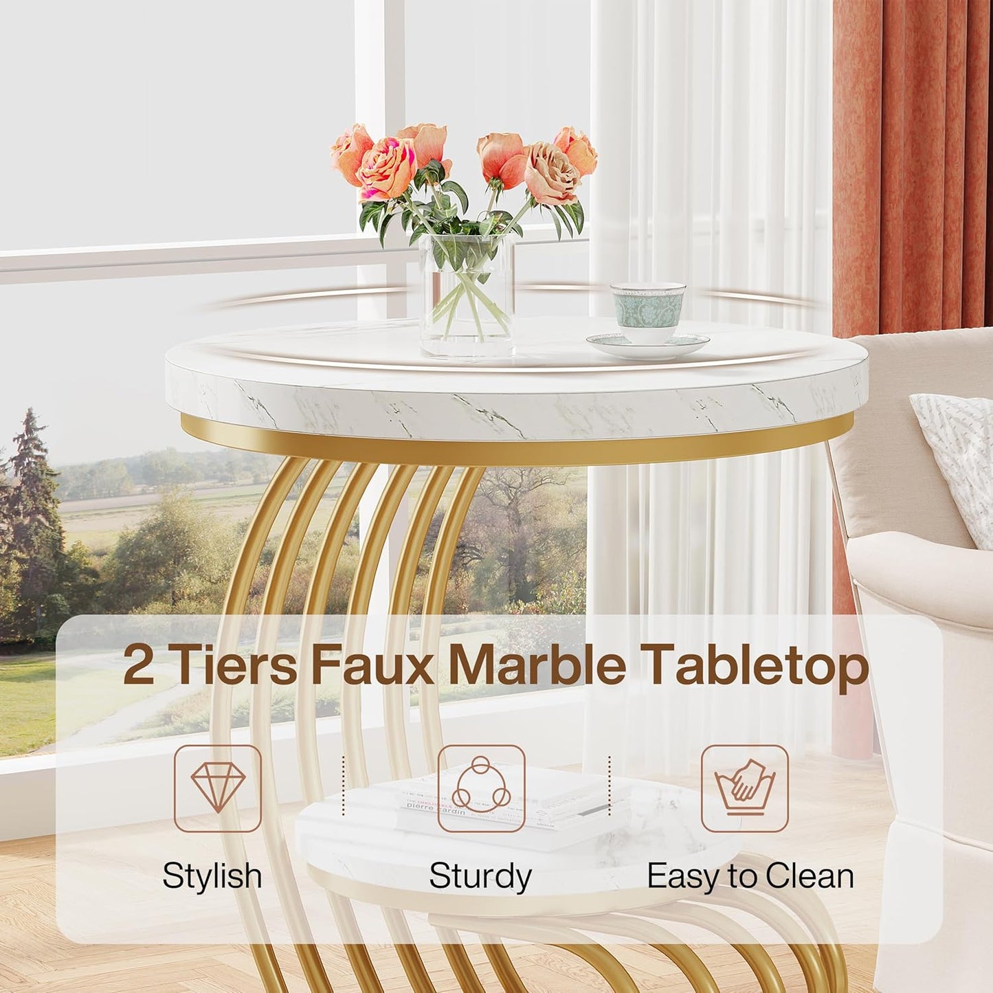 Tribesigns Gold Round End Table: 2 Tiers Faux Marble Side Table with Storage Shelf, Modern White