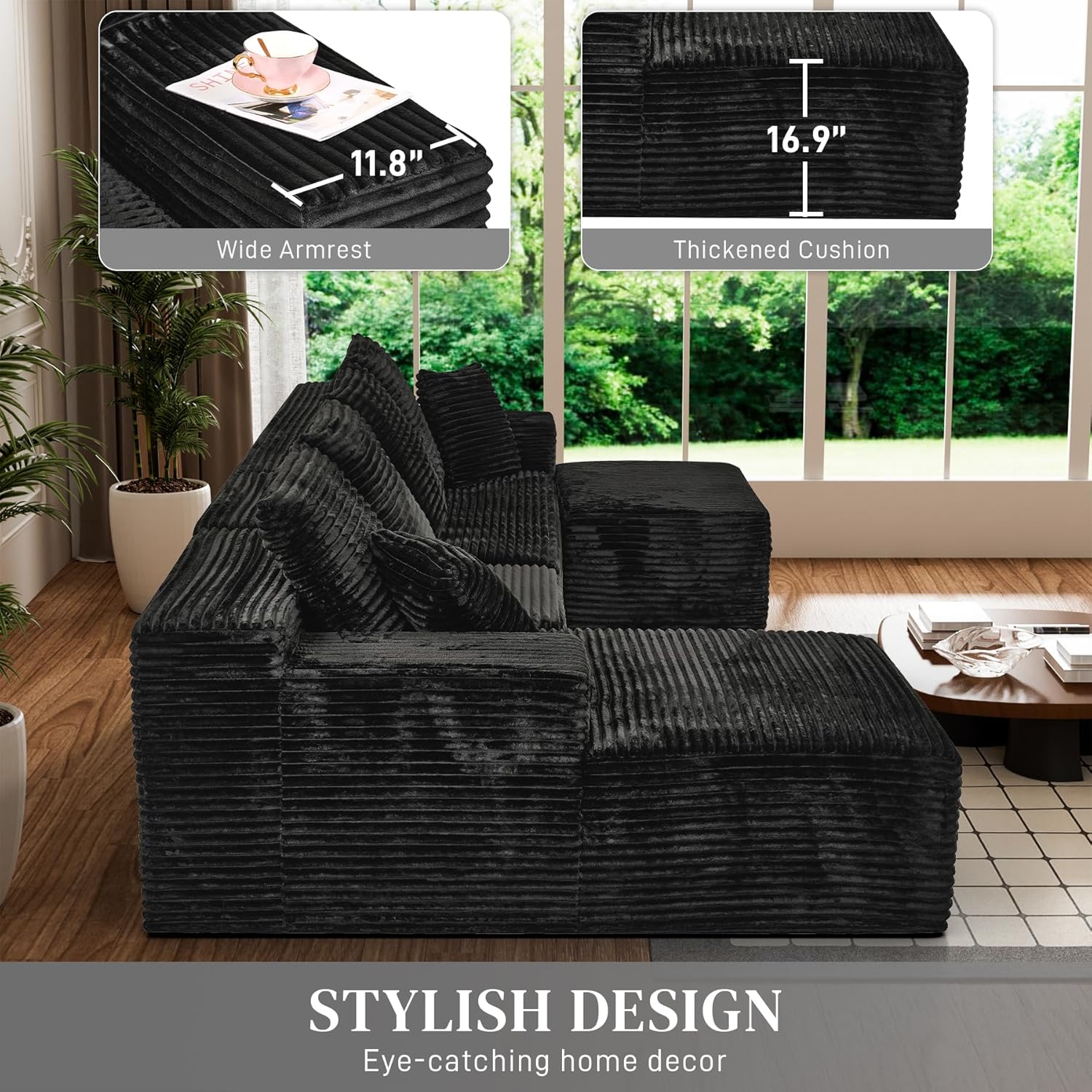 Modular Sectional Sofa Cloud Sectional Couch, 107" Comfy Fluffy U Shaped Black Couches for Living