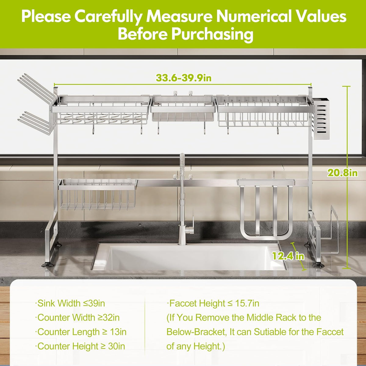 2 Tier Extra Large Stainless Steel Expandable Over The Sink Dish Drainer Drying Rack, Rust Proof