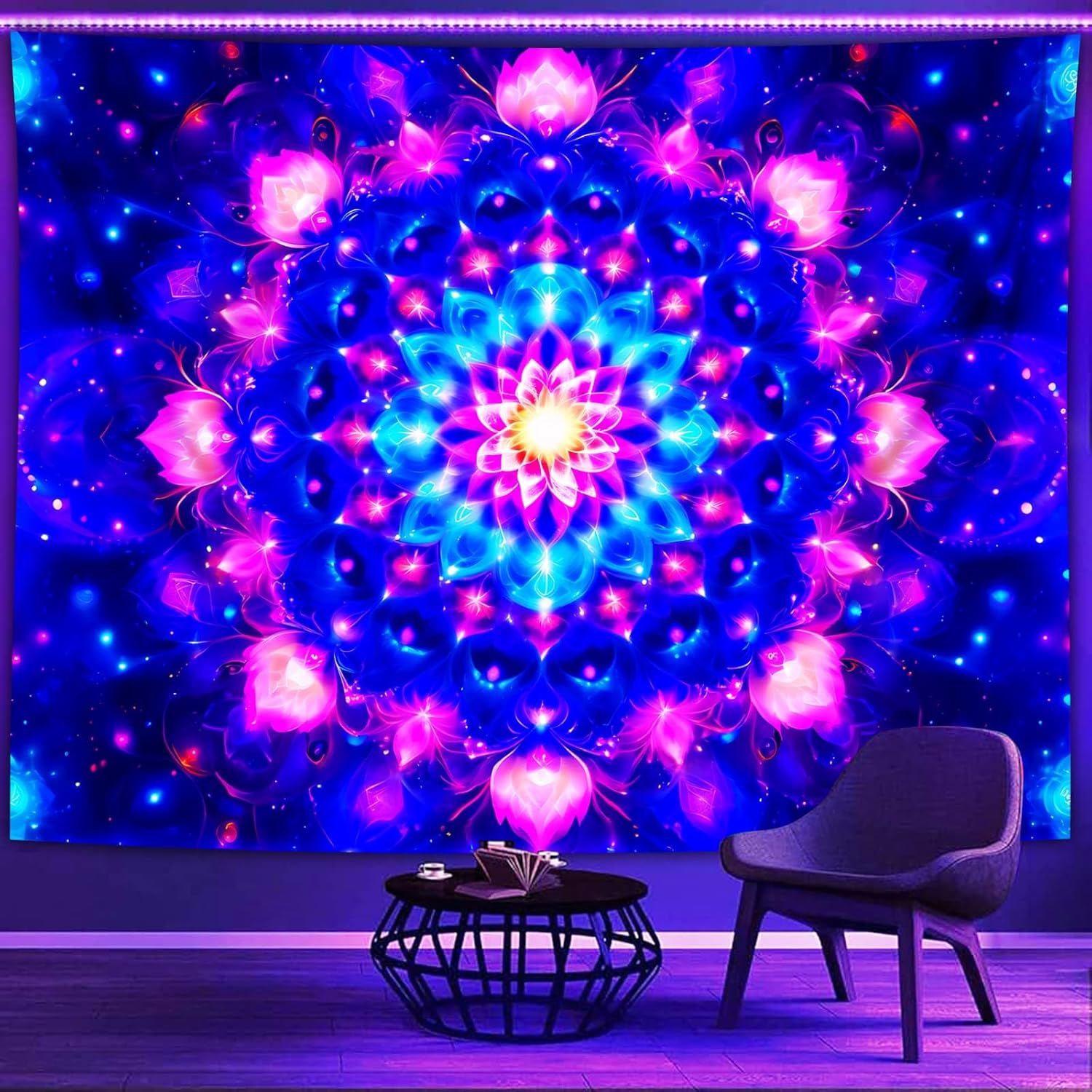 PSYHILAR Blacklight Mandala Tapestry for Bedroom, Psychedelic Black Light Posters for Adults and