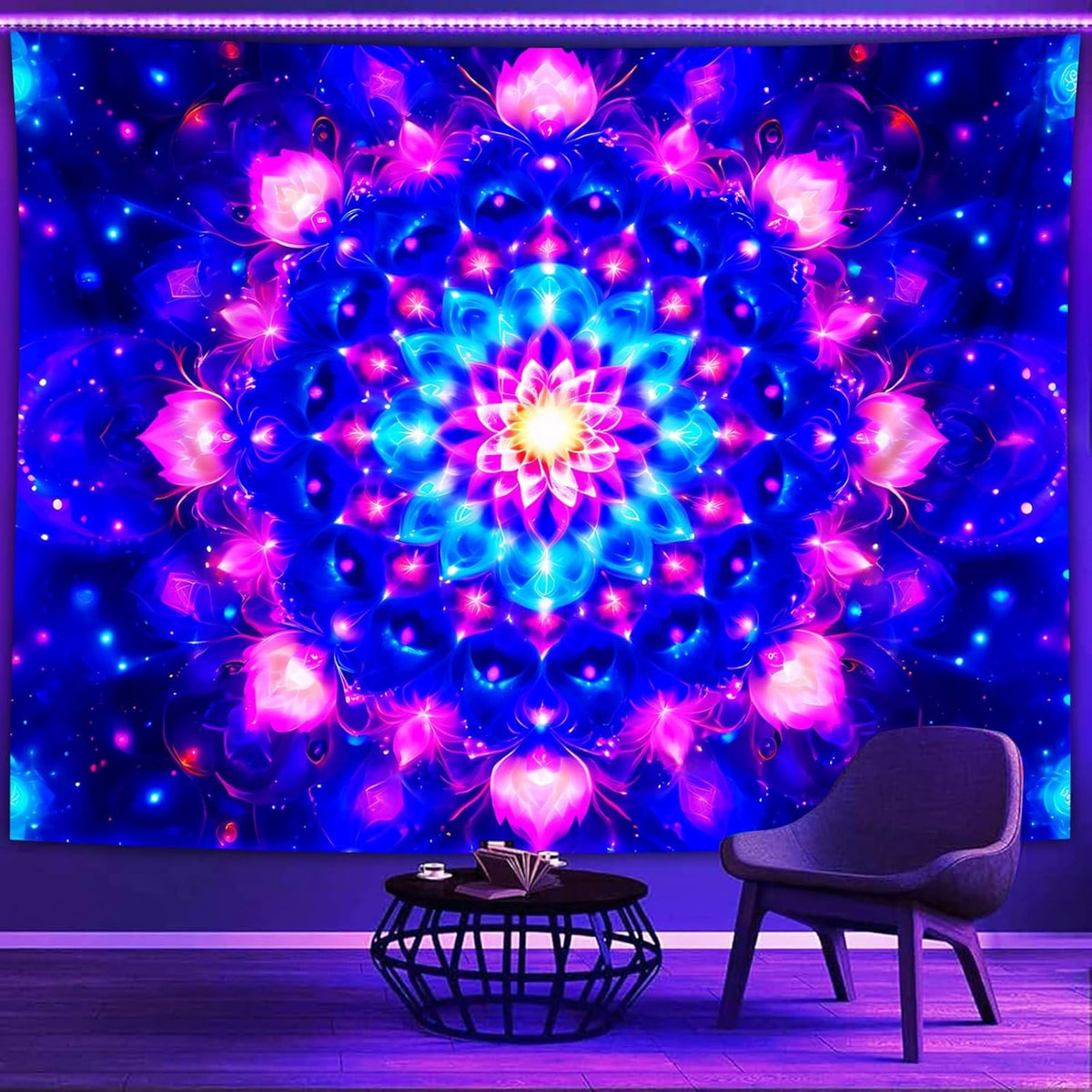 PSYHILAR Blacklight Mandala Tapestry for Bedroom, Psychedelic Black Light Posters for Adults and