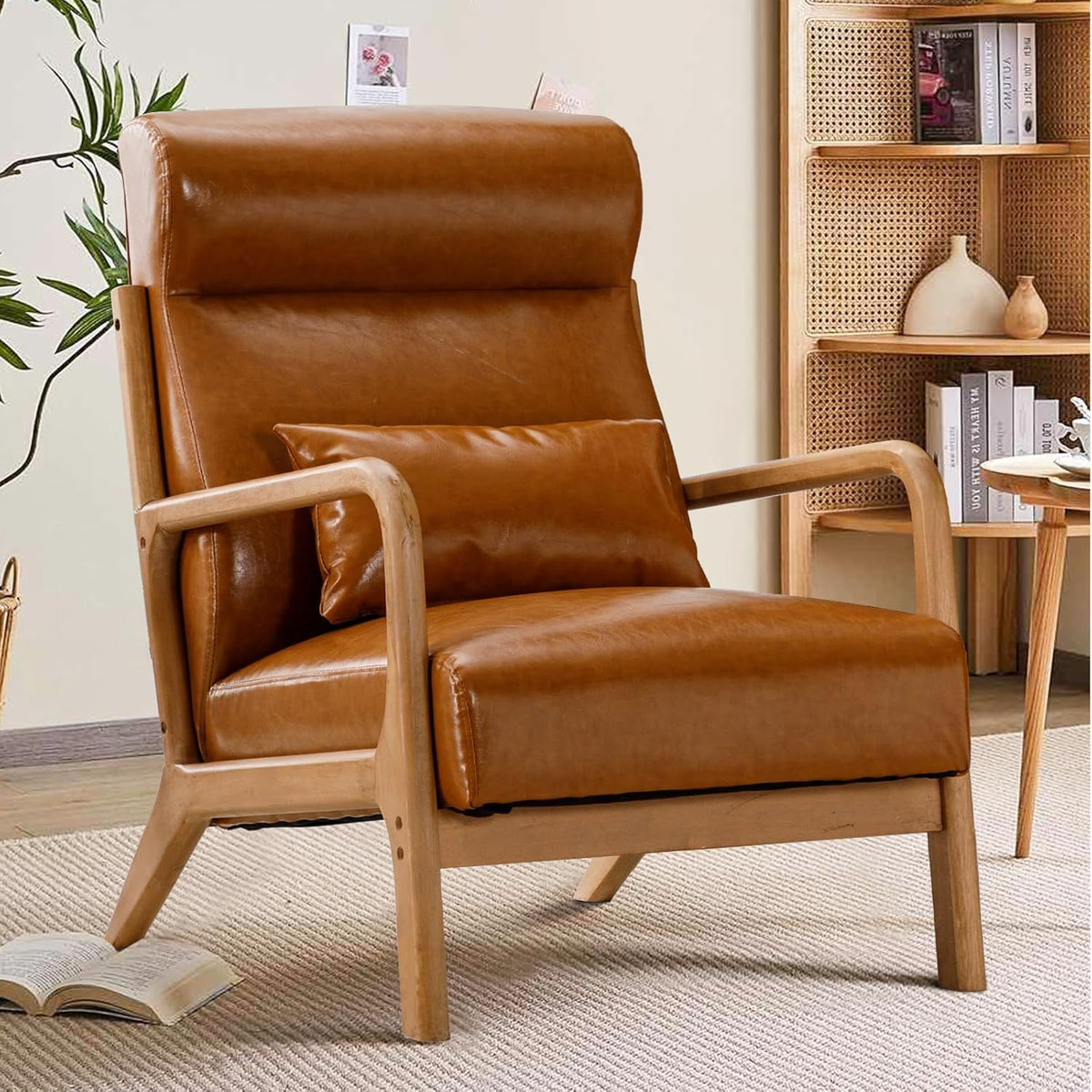 INZOY Mid Century Modern Accent Chair with High Back, PU Leather Reading Armchair with Waist