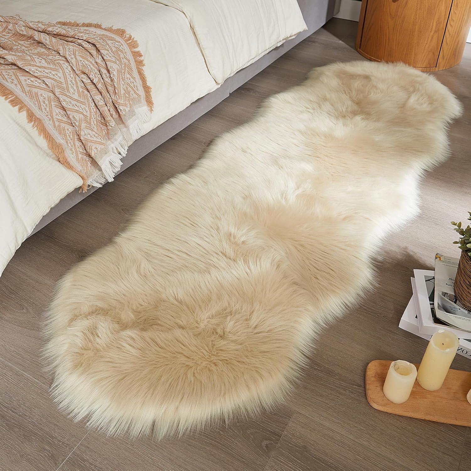 AMTOVO Faux Sheepskin Rug, Beige Ultra Soft Fluffy Shag Area Rug, 2 x 6 ft Faux Fur Rug for Bedroom