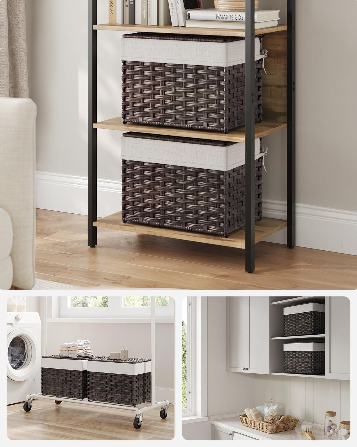 SONGMICS Storage Basket with Lid, Woven Blanket Storage Bin with Handles, Foldable, Removable