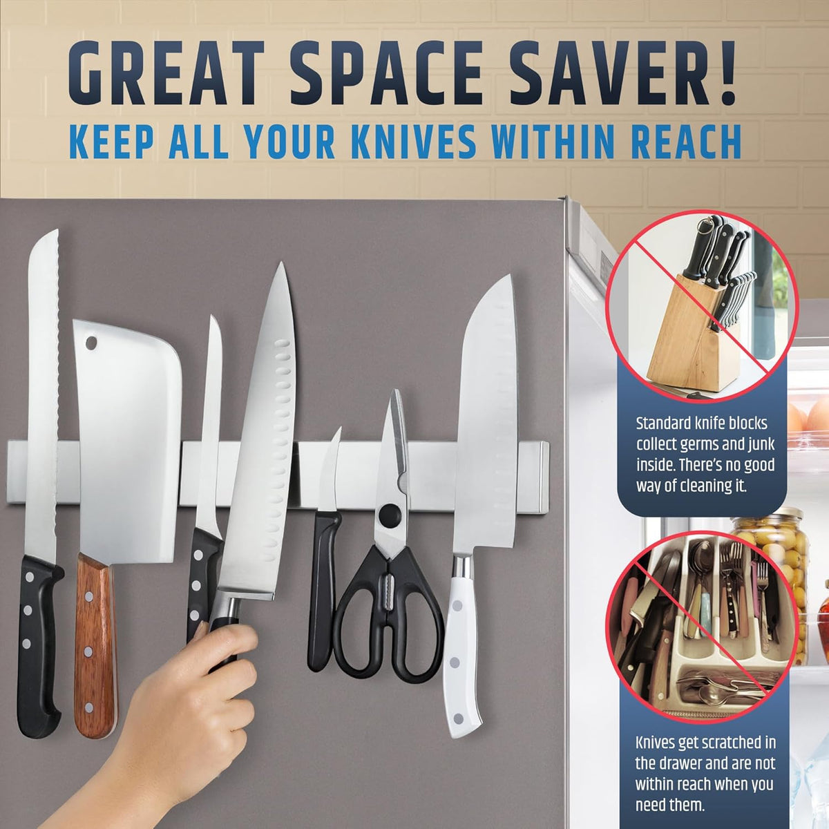 Premium Magnetic Knife Holder for Refrigerator that Doesn't Slide – 17 Inch Professional Double