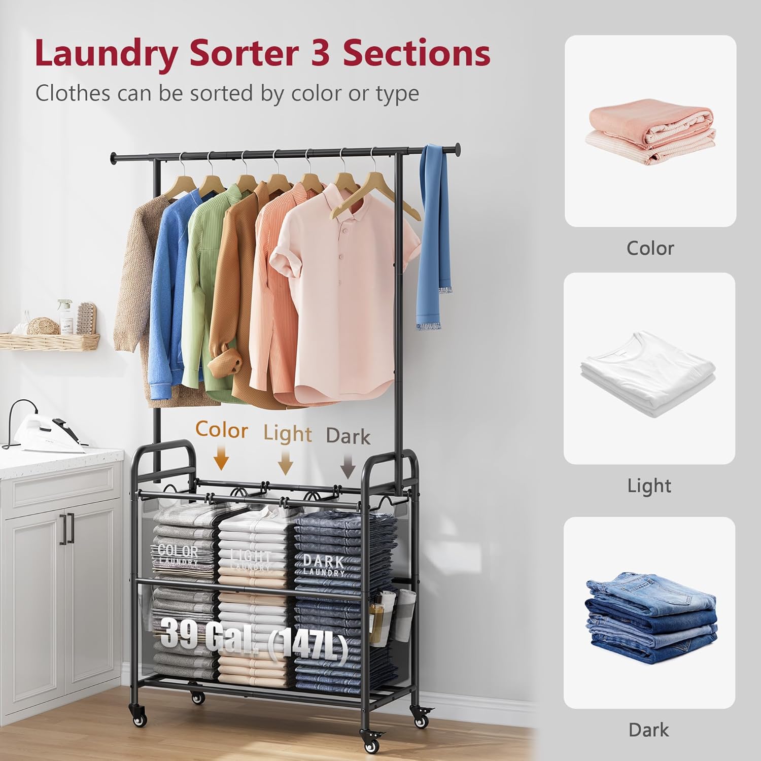 Tajsoon Laundry Sorter Cart with Hanging Rack, Laundry Sorter 3 Section, Laundry Hamper with Heavy