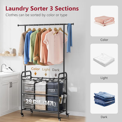 Tajsoon Laundry Sorter Cart with Hanging Rack, Laundry Sorter 3 Section, Laundry Hamper with Heavy