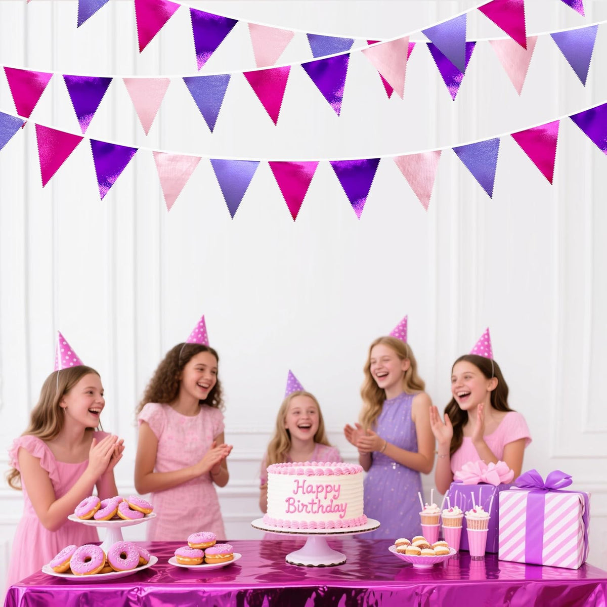 Pink and Purple Party Decorations Metallic Hot Pink Lavender Fabric Triangle Pennant Banner Flag