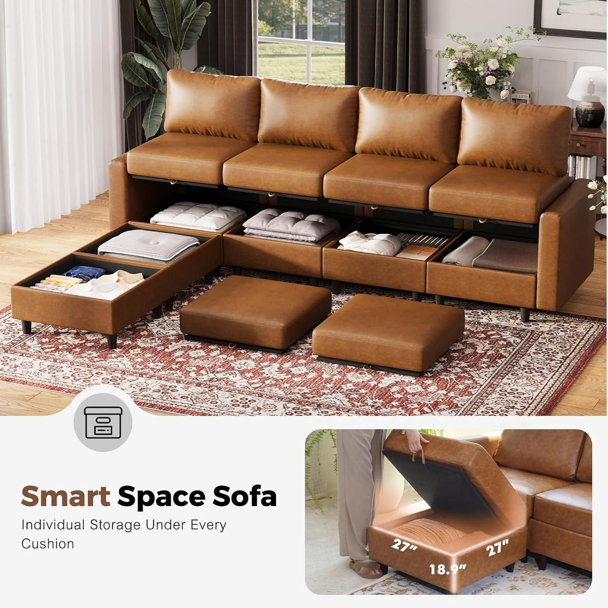 118.5" Faux Leather Modular Sectional Sofa, Modern Large 8 Seater U Shaped Couch with Storage Seat