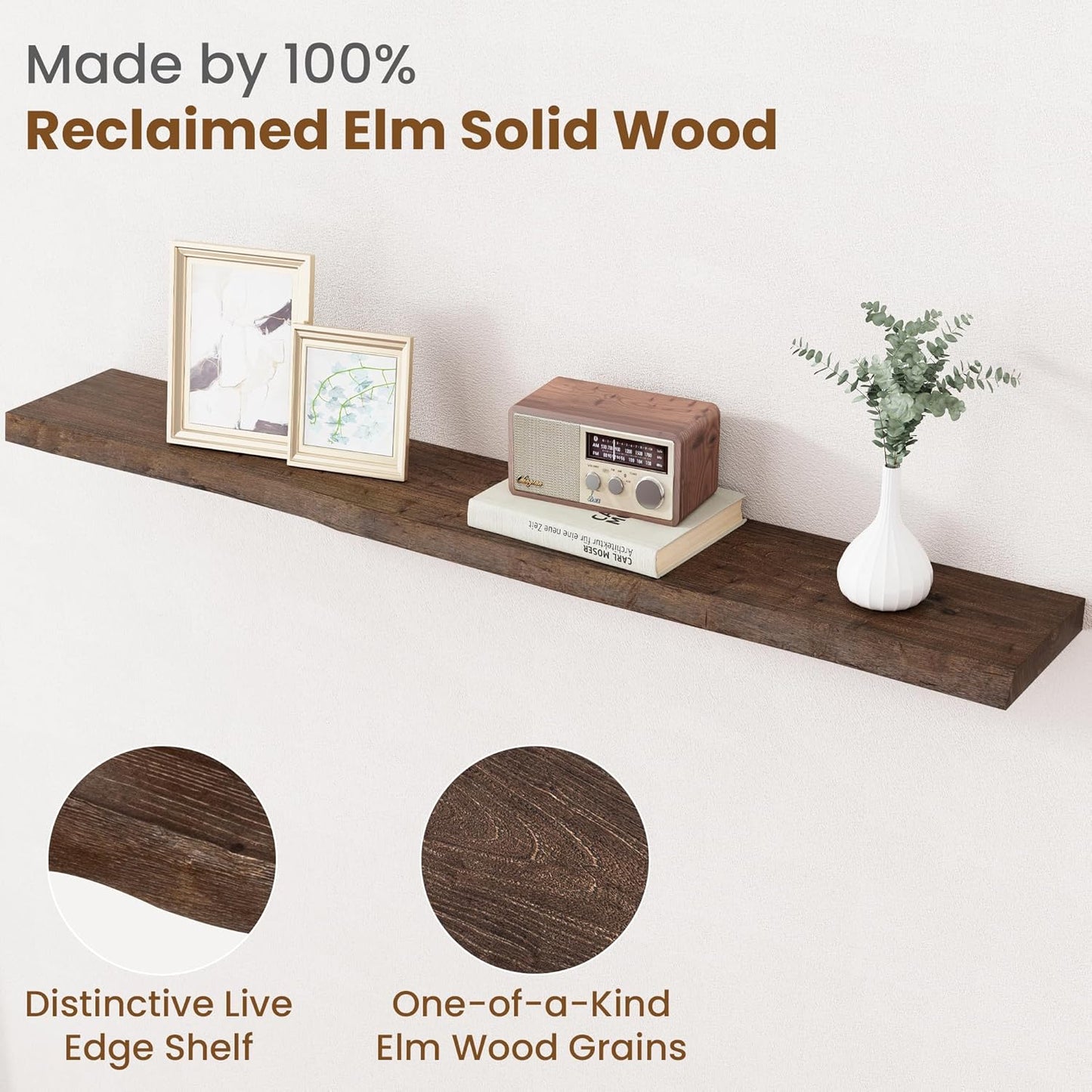 Floating Shelves for Wall Decor, Rustic Solid Elm Wood Live Edge Floating Shelves Wall Mounted
