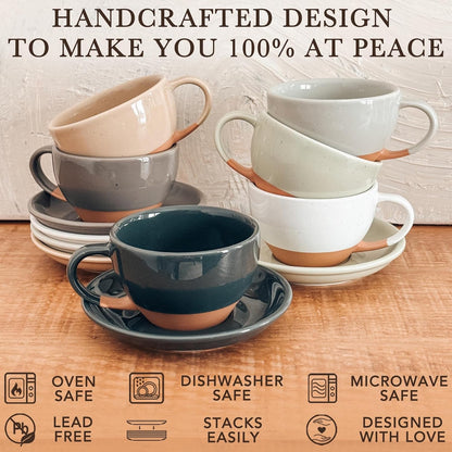 Mora Ceramic Latte Art Mug With Saucer - 10.5 oz, Round Bottom For Perfect Pours - Cafe Cups for