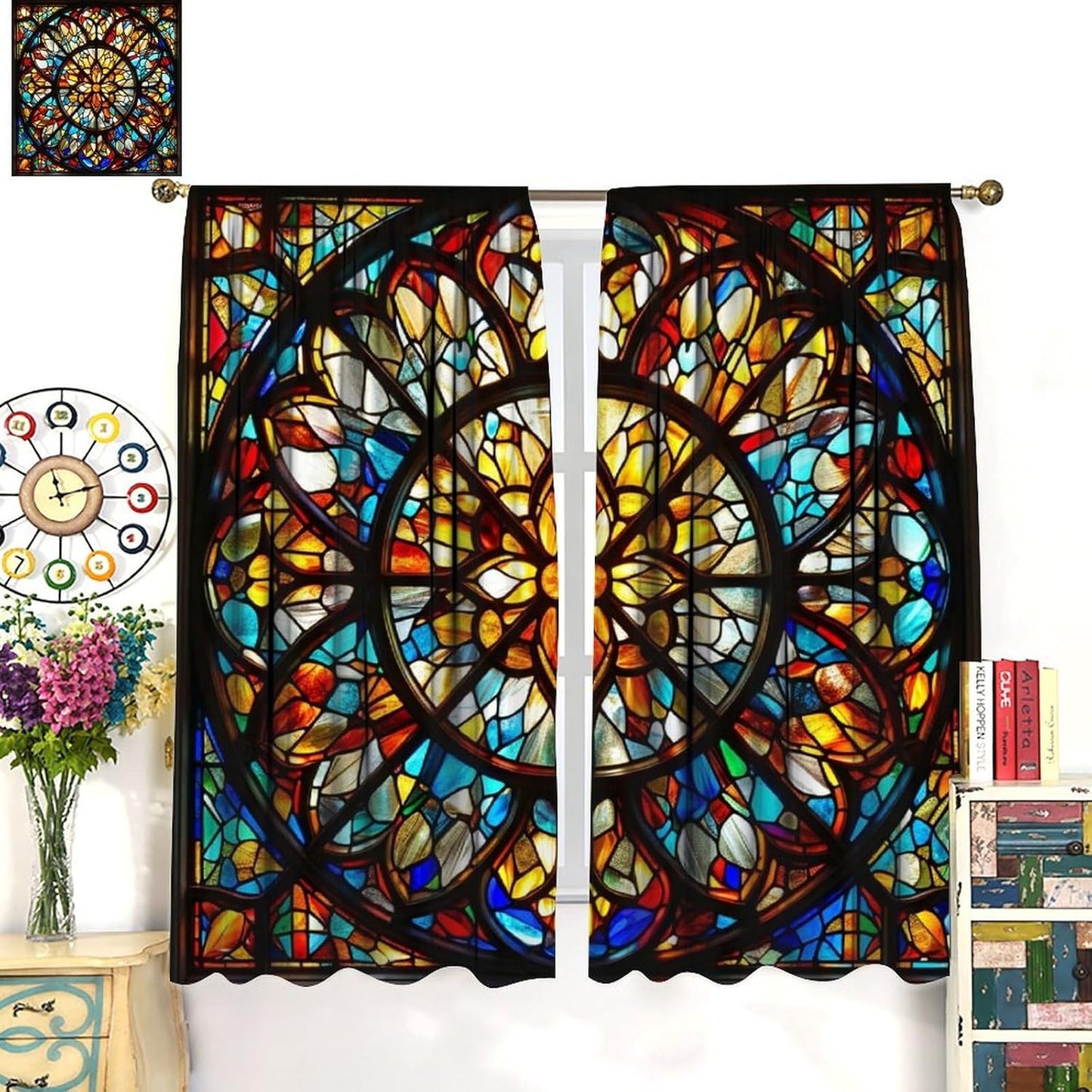 Stained Glass Curtains,Retro Mid Century Abstract Colorful Geometric Prints Home Decor Drapes for