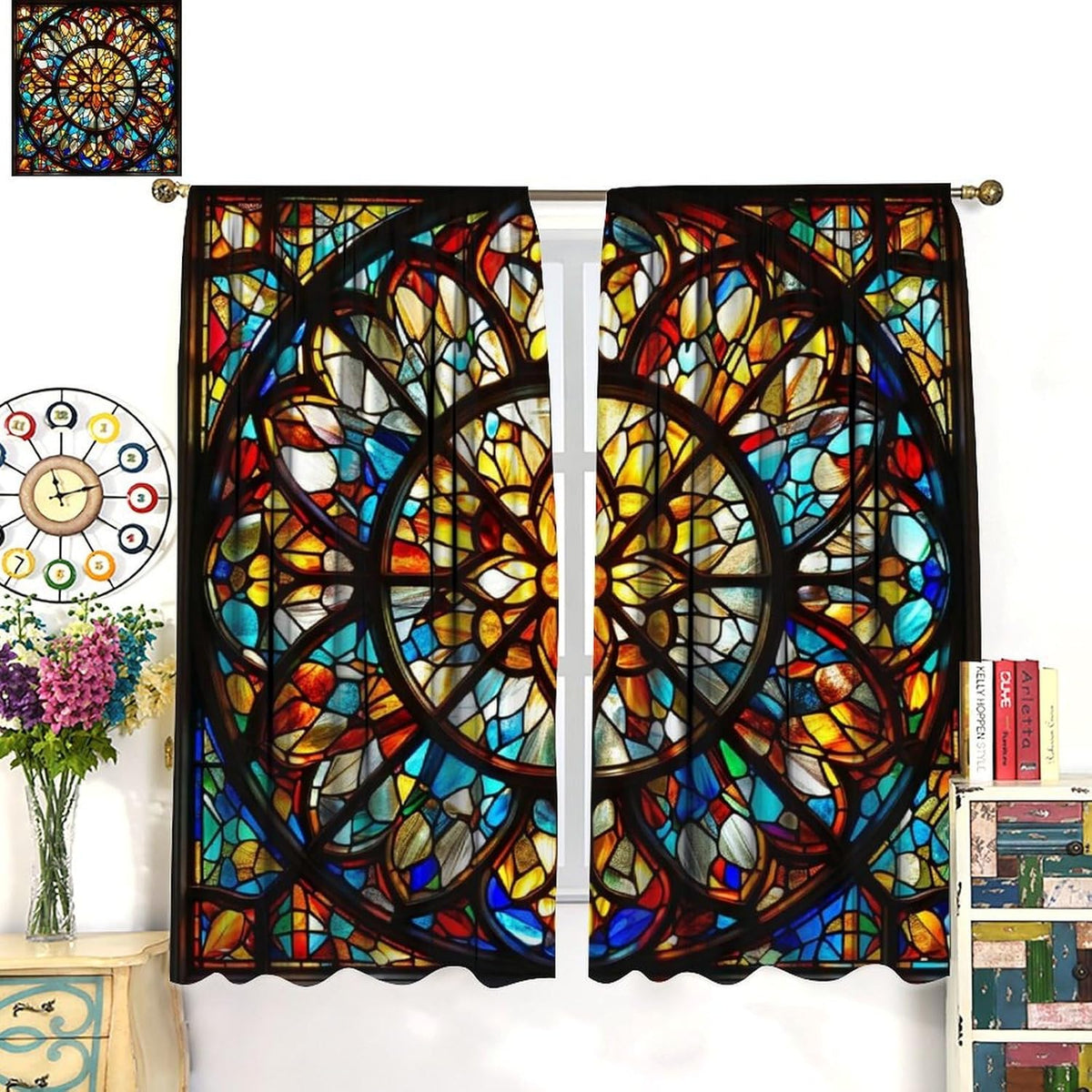 Stained Glass Curtains,Retro Mid Century Abstract Colorful Geometric Prints Home Decor Drapes for