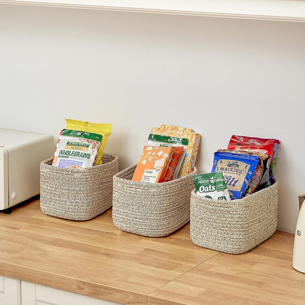 Small Cotton Rope Storage Basket Set of 3-11"x7"x7" Perfect Woven Baskets for Storage, Ideal