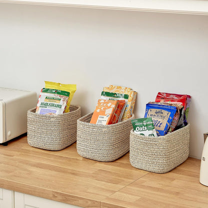 Small Cotton Rope Storage Basket Set of 3-11"x7"x7" Perfect Woven Baskets for Storage, Ideal