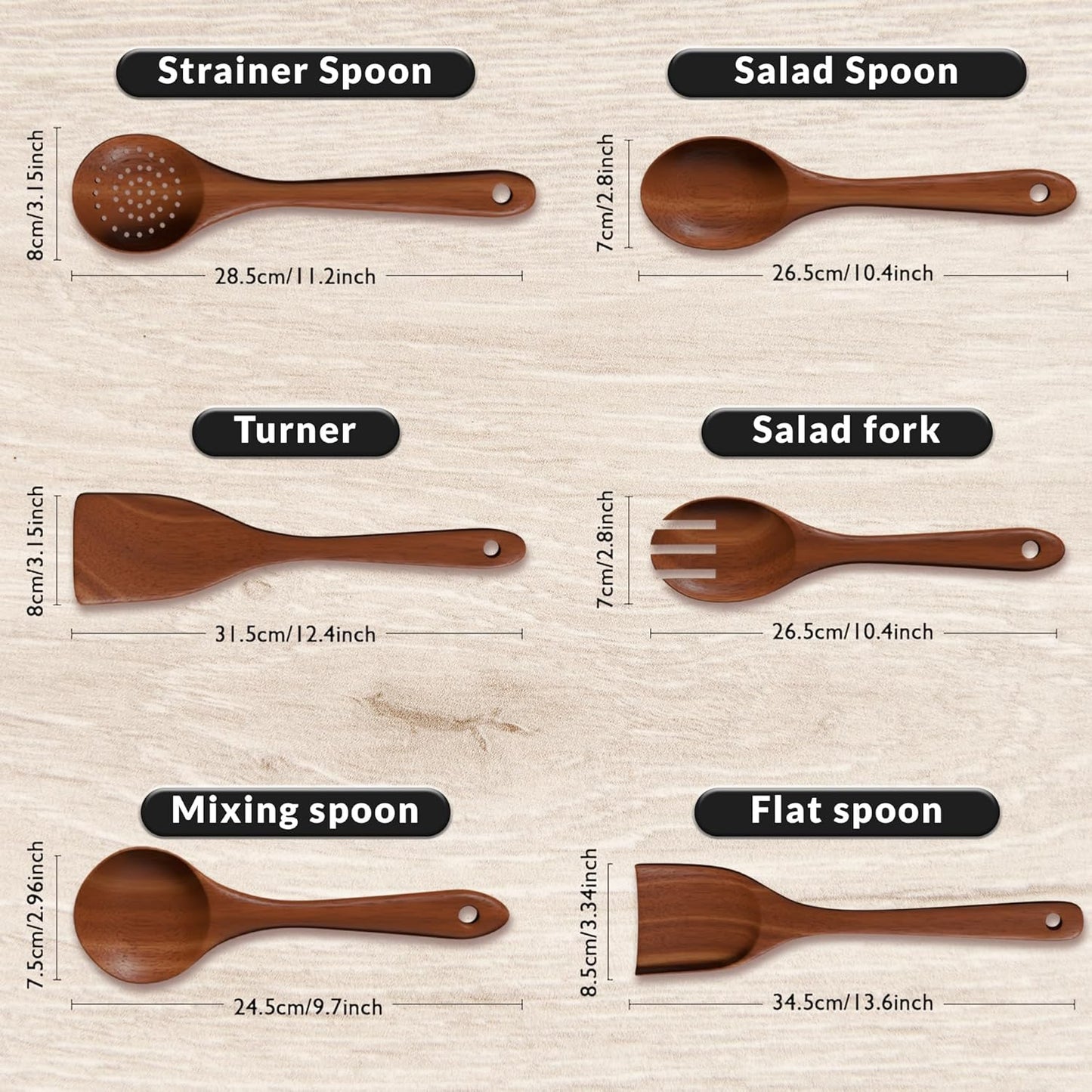 6-Piece Acacia Wood Cooking Utensil Set – Wooden Kitchen Pan Toolset for Nonstick Cookware
