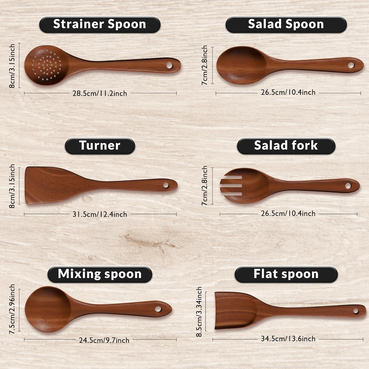 6-Piece Acacia Wood Cooking Utensil Set – Wooden Kitchen Pan Toolset for Nonstick Cookware