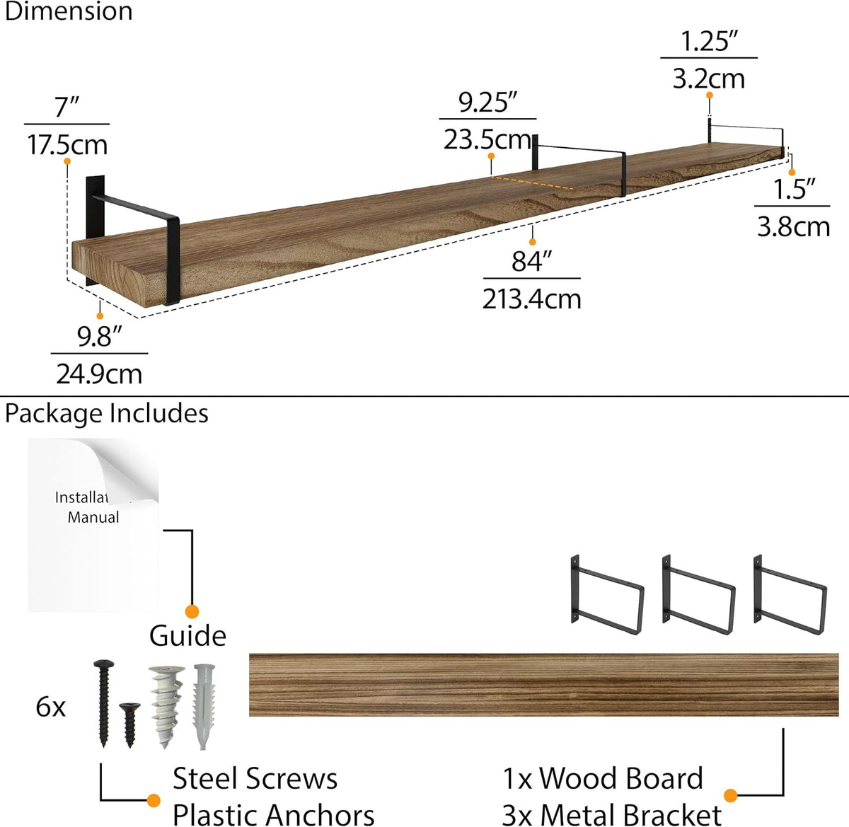 Wallniture Toledo 84 inch Floating Shelf with Heavy Duty Bookend Brackets, Wooden Shelves for Wall