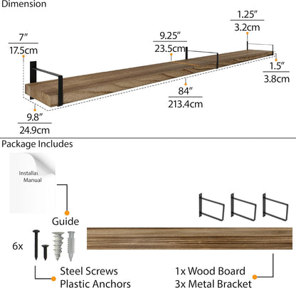 Wallniture Toledo 84 inch Floating Shelf with Heavy Duty Bookend Brackets, Wooden Shelves for Wall