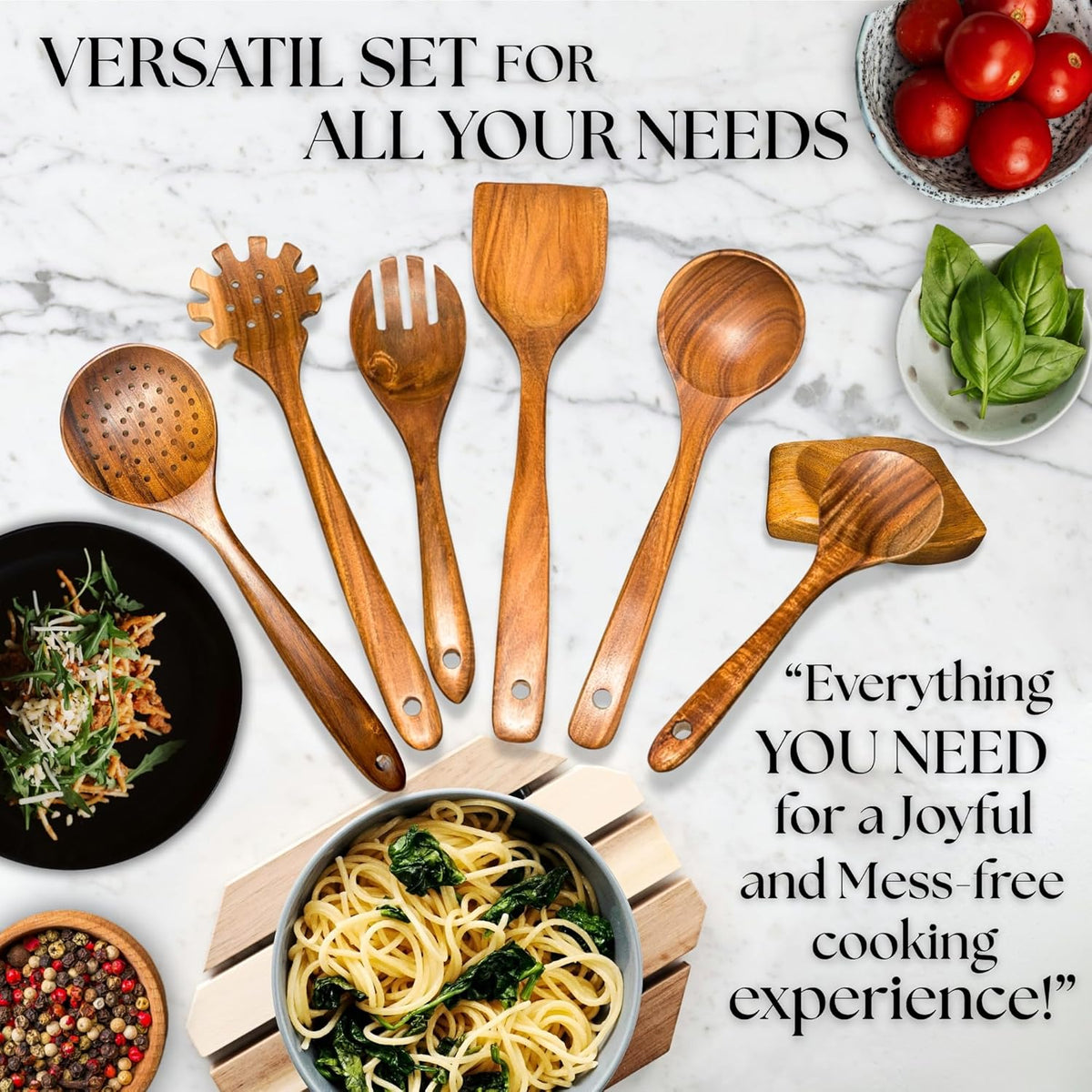 Wooden Spoons for Cooking - 8 Piece Natural Teak Kitchen Utensil Set Non Toxic - Teak Wooden