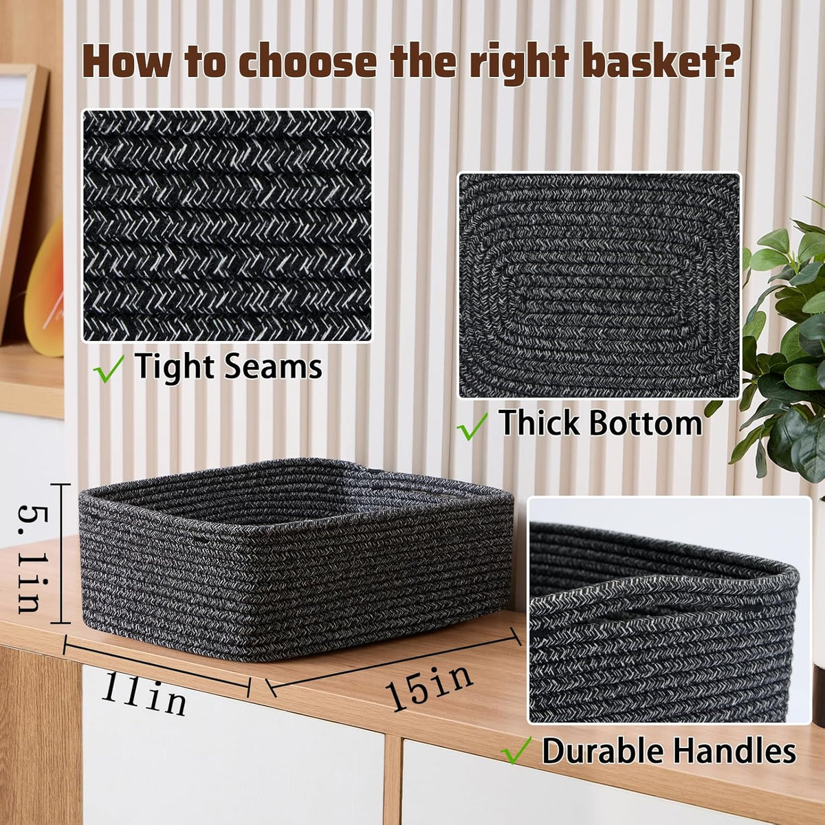 Large Shallow Organizing Baskets 15x11x5.1 Inches - Rope Woven Storage Bins for Bathroom, Shelves