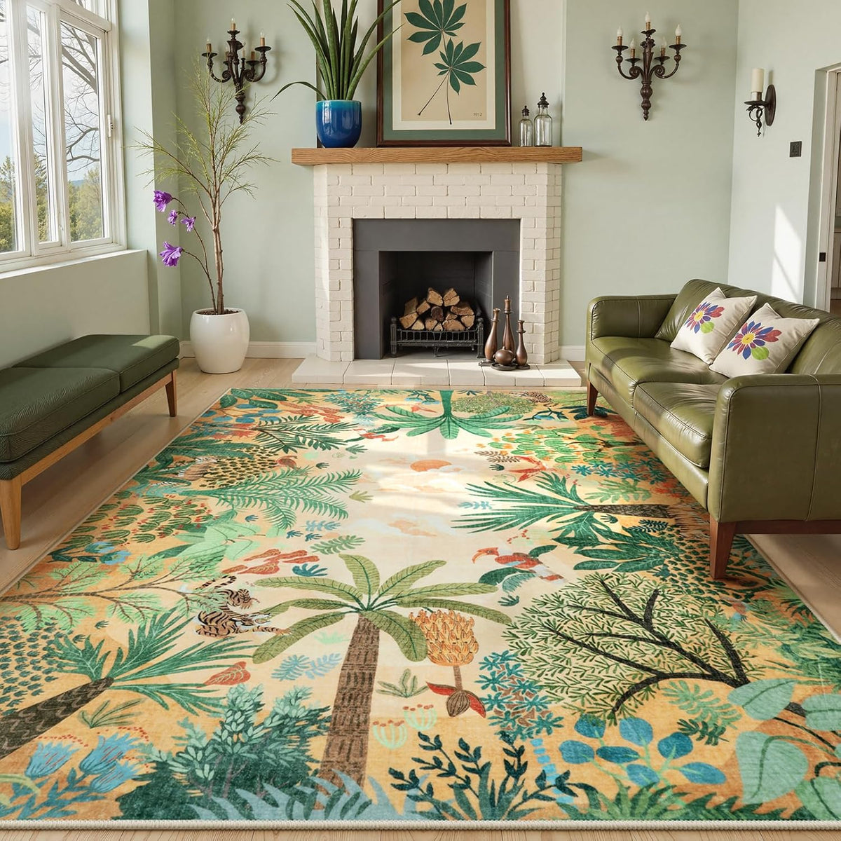 LIVEBOX Washable Jungle Animal Print 6 x 9 Area Rug for Dining Room, Non-Skid Yellow Kids Carpet