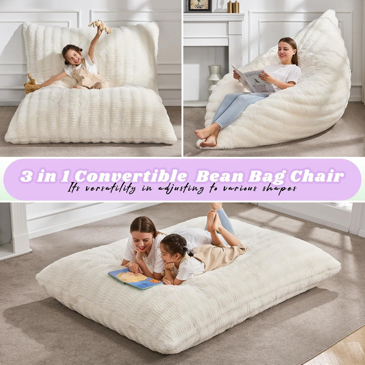 Hobestluk 3 in 1 Bean Bag Chair Giant Bean Bag Chairs for Adults with Ripple Cover Convertible Bean