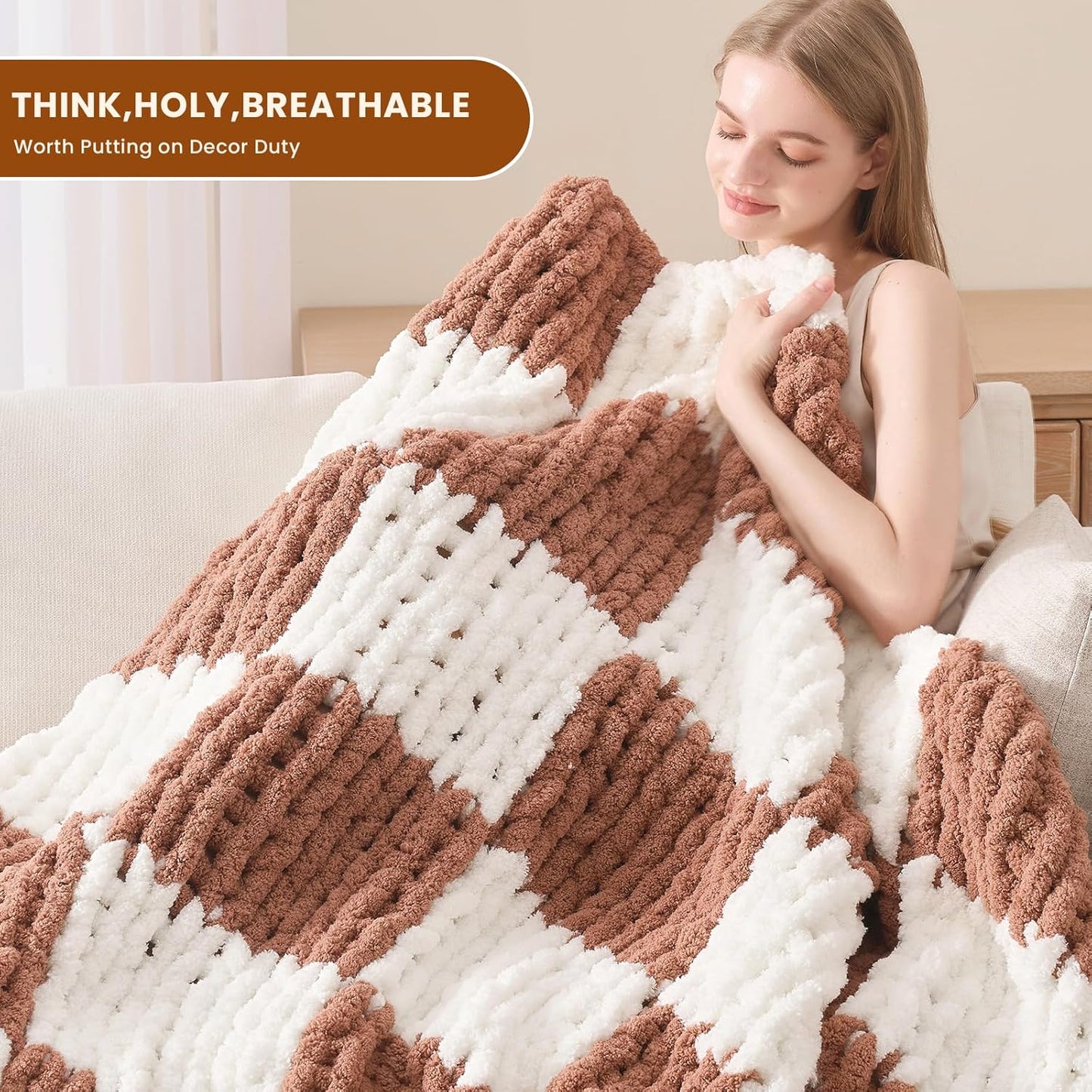 L'AGRATY Chunky Knit Blanket Throw: 50''x60'' Chenille Chunky Knitted Throw Blankets for Bed Couch