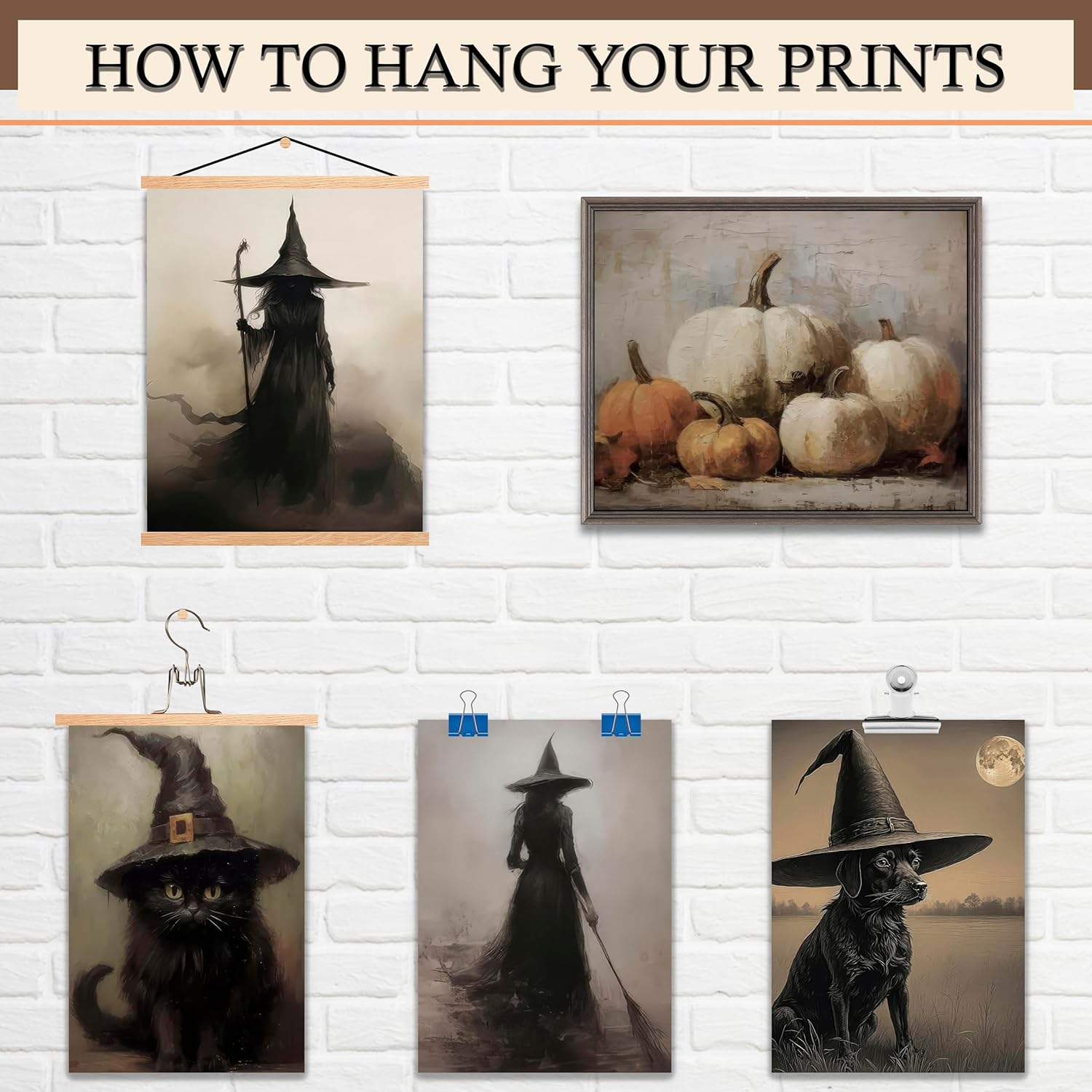 LANCHI95 12 Pcs Halloween Wall Art Prints, Vintage Witch Posters, Cute Ghost Pictures for Bedroom