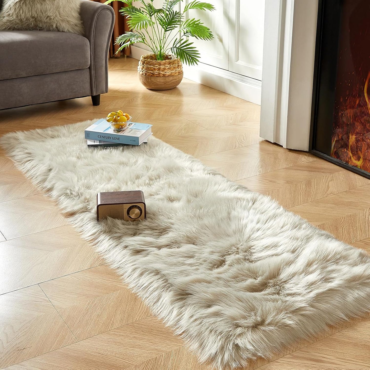 AMTOVO Faux Fur Rug, Light Grey Ultra Soft Fluffy Shag Sheepskin Rug, 2 x 6 ft Runner Area Rugs for