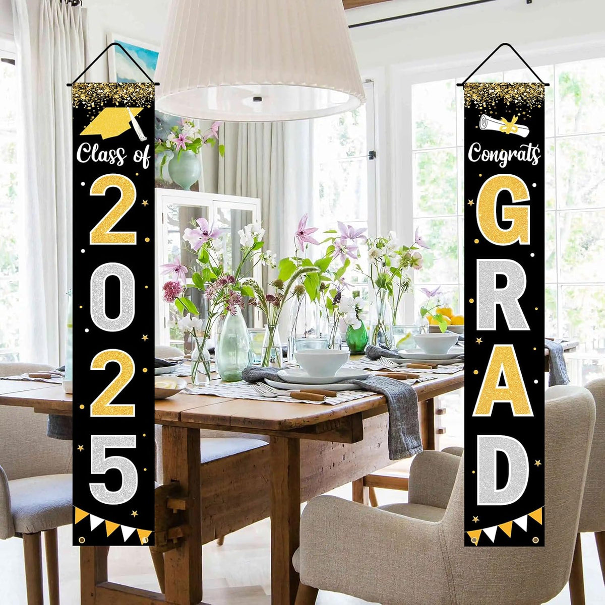 Graduation Decorations 2025 GRAD Banner Black Porch Door Sign Welcome Banner For Indoor Outdoor