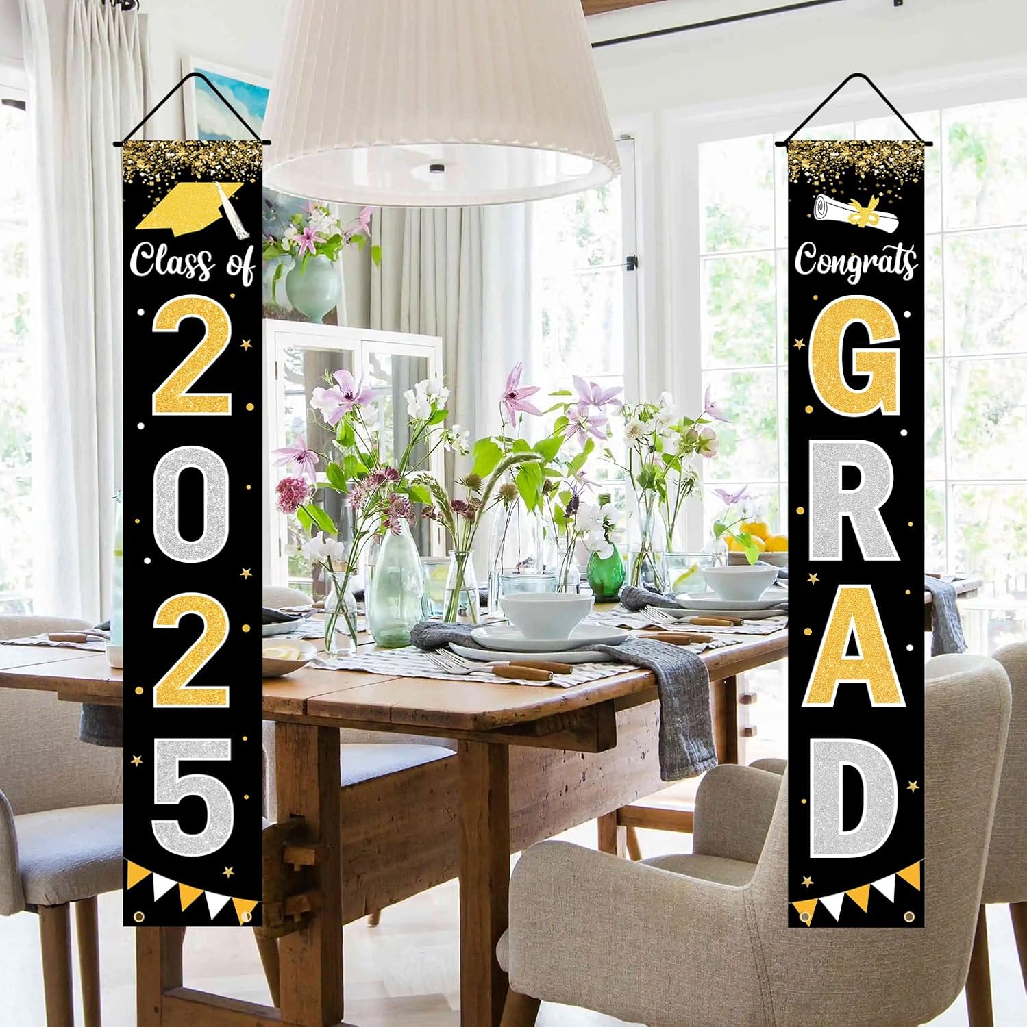 Graduation Decorations 2025 GRAD Banner Black Porch Door Sign Welcome Banner For Indoor Outdoor