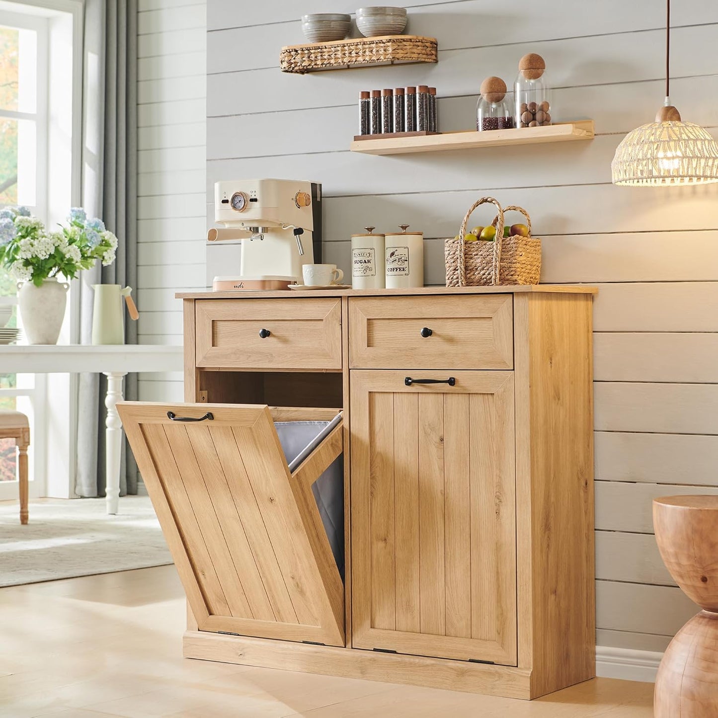 Double Tilt Out Laundry Hamper Cabinet, 20 Gallon Farmhouse Trash Can Cabinet with Drawer, Hidden
