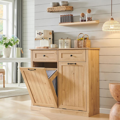 Double Tilt Out Laundry Hamper Cabinet, 20 Gallon Farmhouse Trash Can Cabinet with Drawer, Hidden
