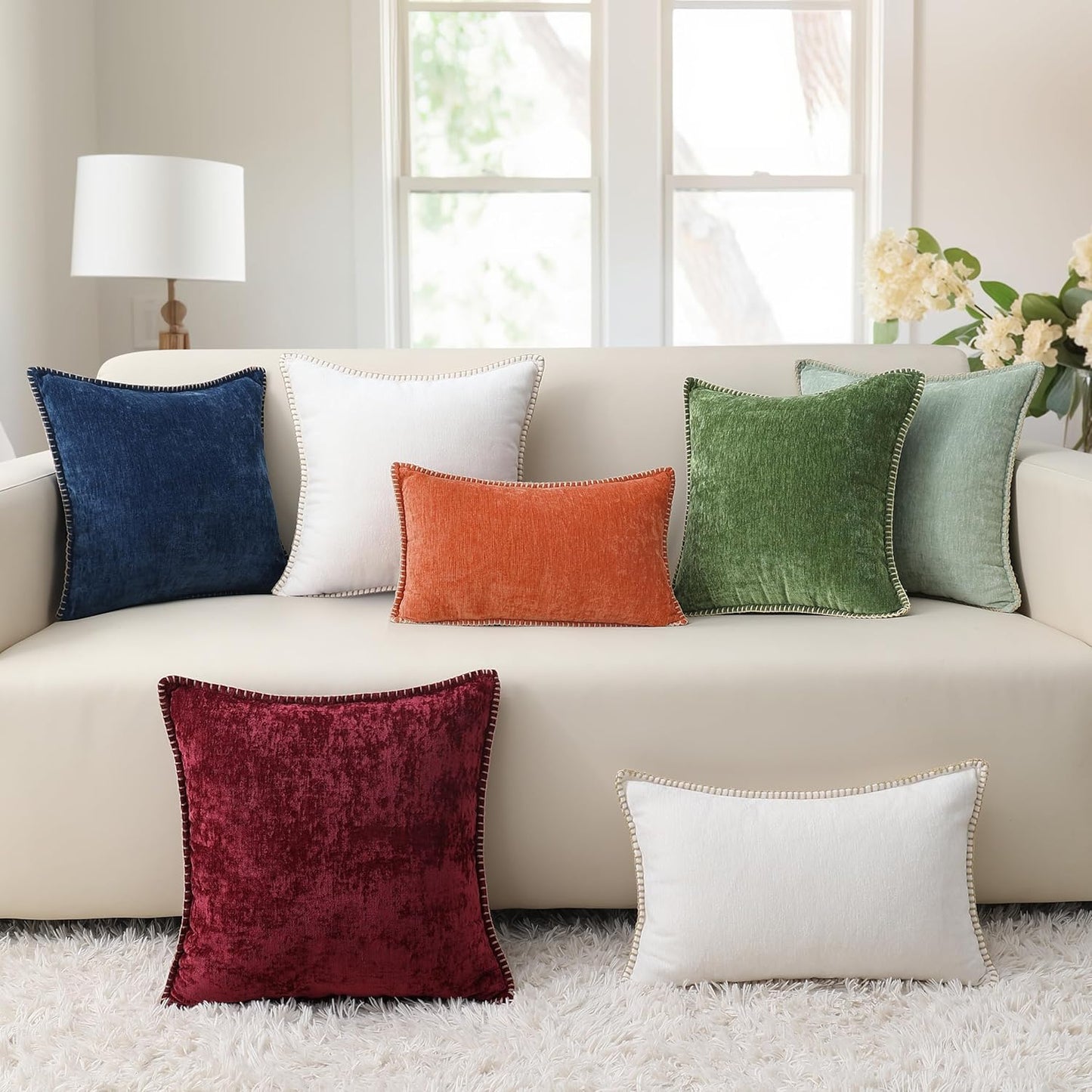 decorUhome Fall Chenille Soft Throw Pillow Covers 20x20 Set of 2, Farmhouse Velvet Neutral