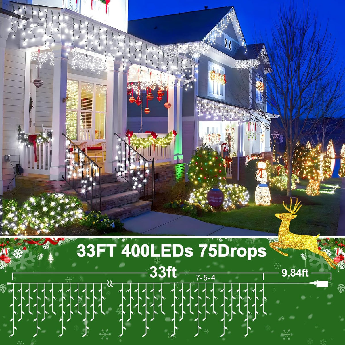 KNONEW 33FT 400 LED Christmas Lights Outdoor Black Wire String Lights with 75 Drops, 8 Lighting
