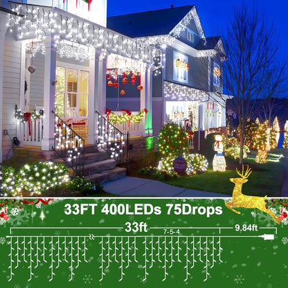 KNONEW 33FT 400 LED Christmas Lights Outdoor Black Wire String Lights with 75 Drops, 8 Lighting