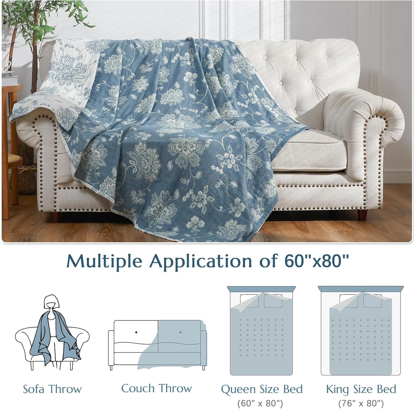 jinchan Boho 100% Cotton Muslin Twin Size 60x80 Inches Blanket Lightweight 4-Layer Quilted Soft