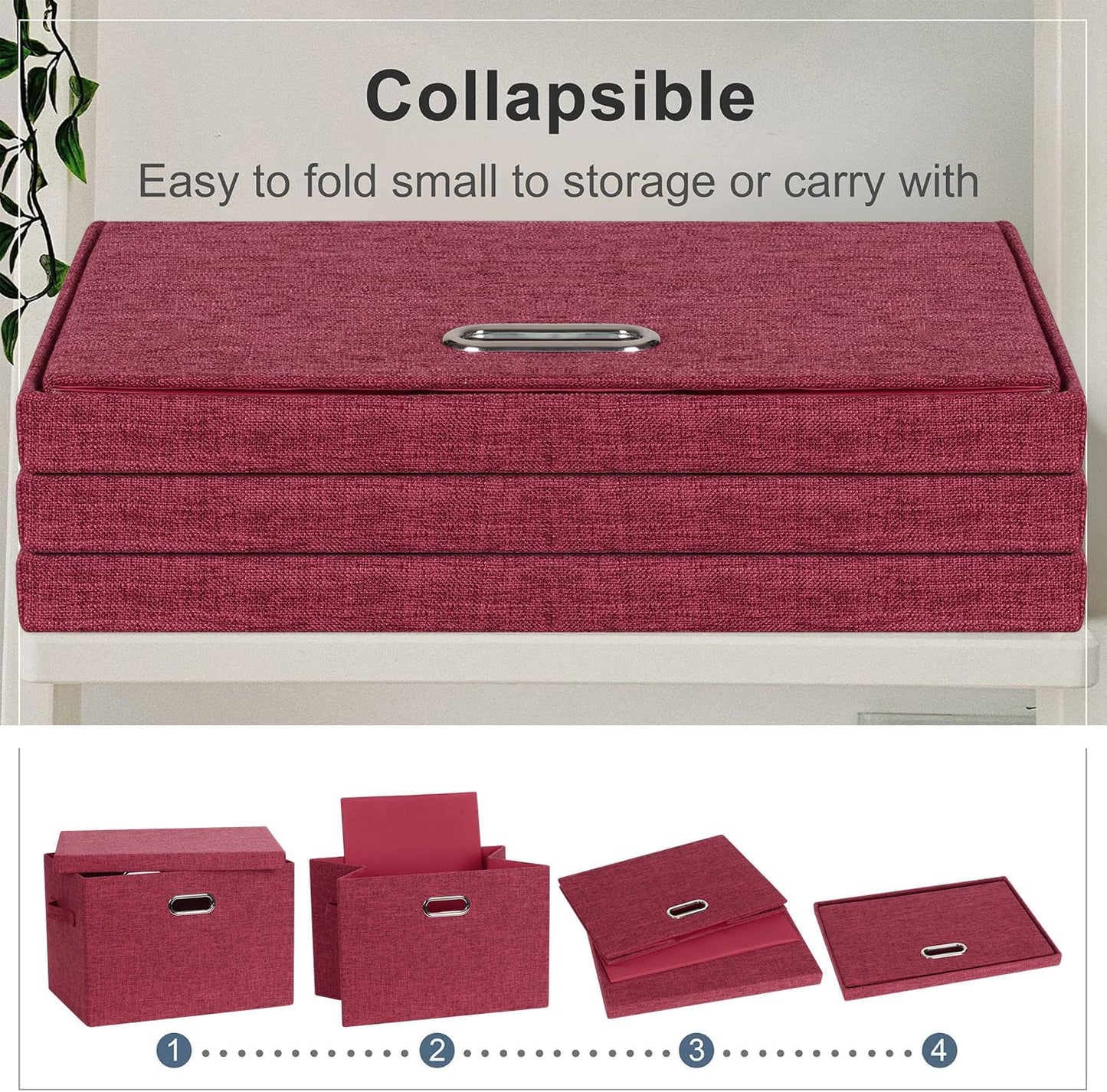 Large 17" 36 Quart Collapsible Stackable Storage Bins with Lids, 3 Packs Bright Red Linen Fabric