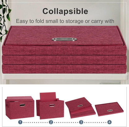 Large 17" 36 Quart Collapsible Stackable Storage Bins with Lids, 3 Packs Bright Red Linen Fabric