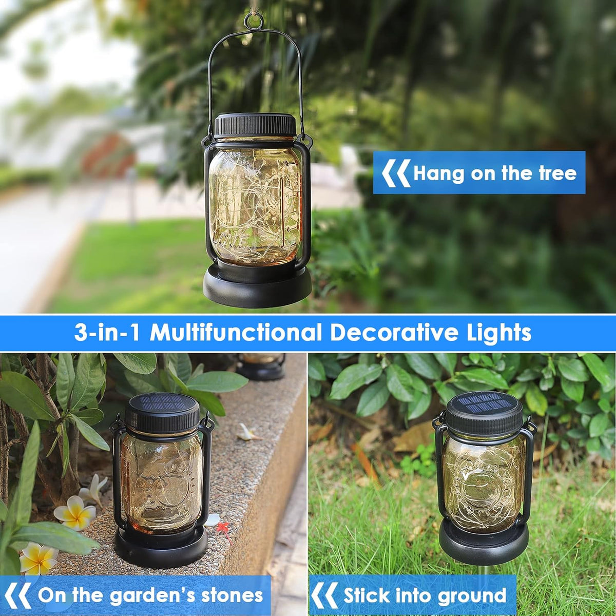 Mlambert Cool White 4 Pack Solar Hanging Mason Jar Lights with Stakes, Waterproof Decorative 30