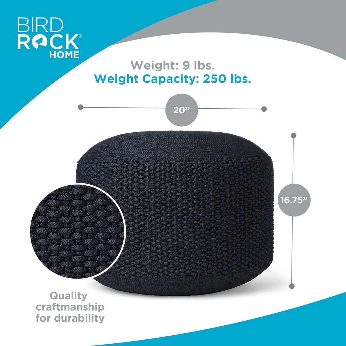 BIRDROCK HOME Outdoor Pouf Ottoman | Hand Woven Waterproof Foot Stool with Bead Bag Filling | Boho