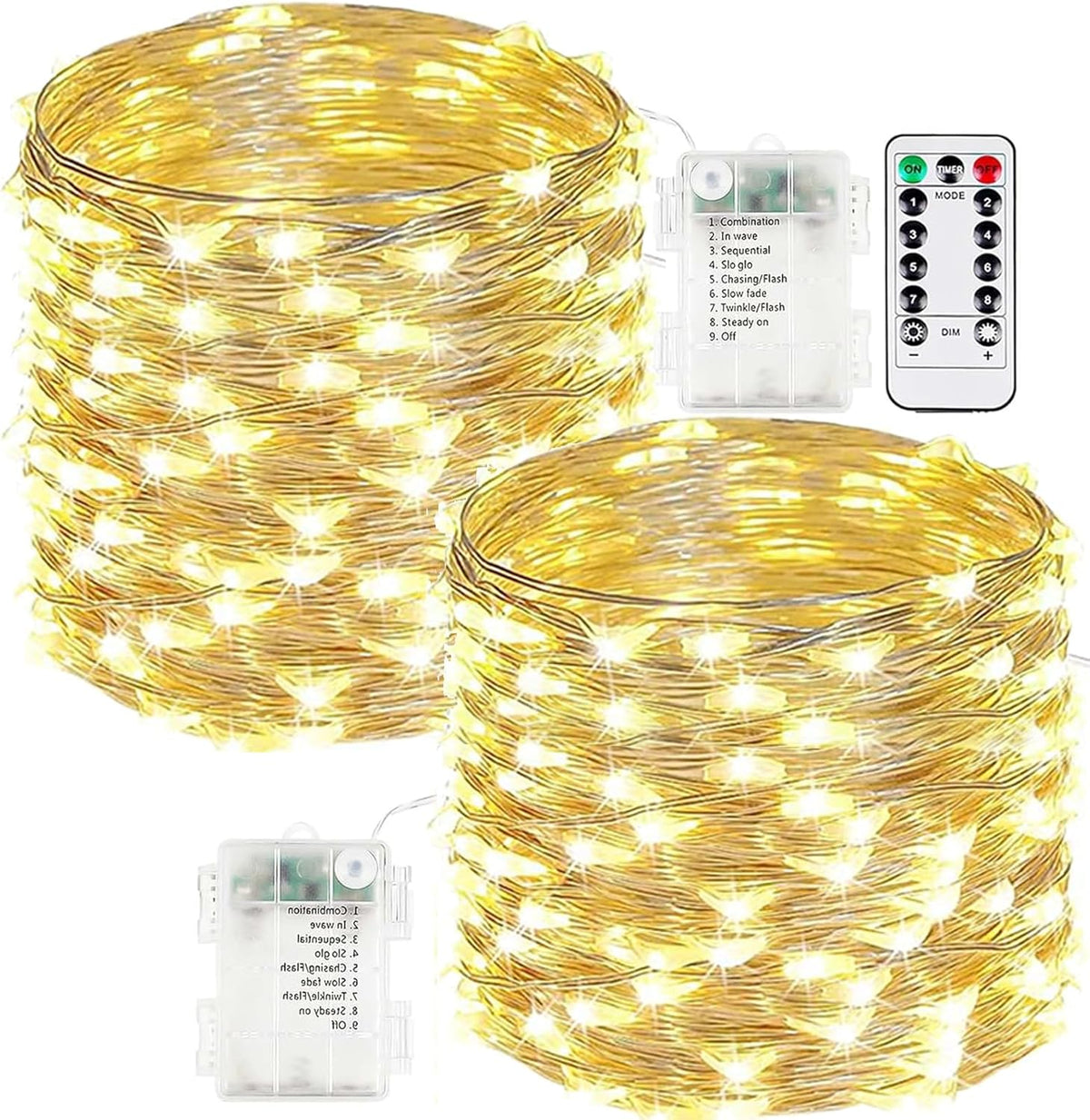2-Pack Fairy Lights Battery Operated with Remote, Waterproof 66FT 200 LED Battery String Lights