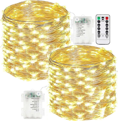 2-Pack Fairy Lights Battery Operated with Remote, Waterproof 66FT 200 LED Battery String Lights