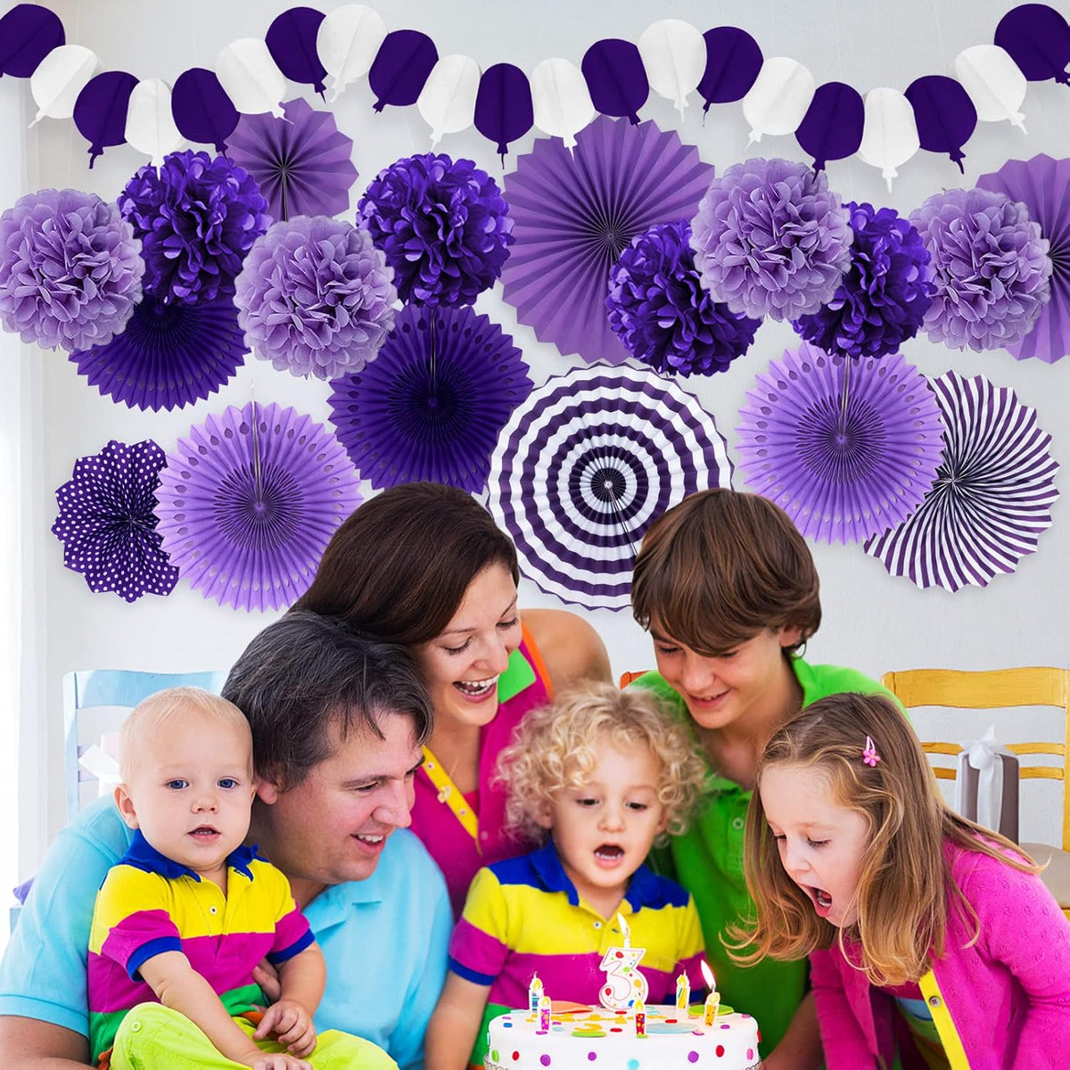Party Decorations, Purple Papar Fans Pompoms Garlands for Women Girls Mothers Day Bachelorette