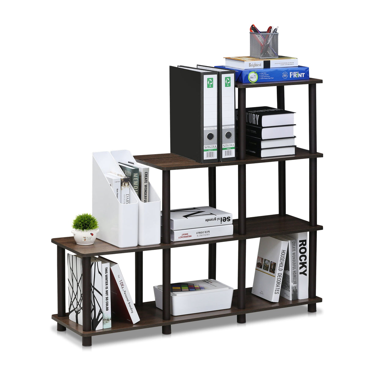Furinno Turn-N-Tube Storage Shelves, 4-Tier Ladder Book Shelf, 6 Cube Open frame Corner Shelf