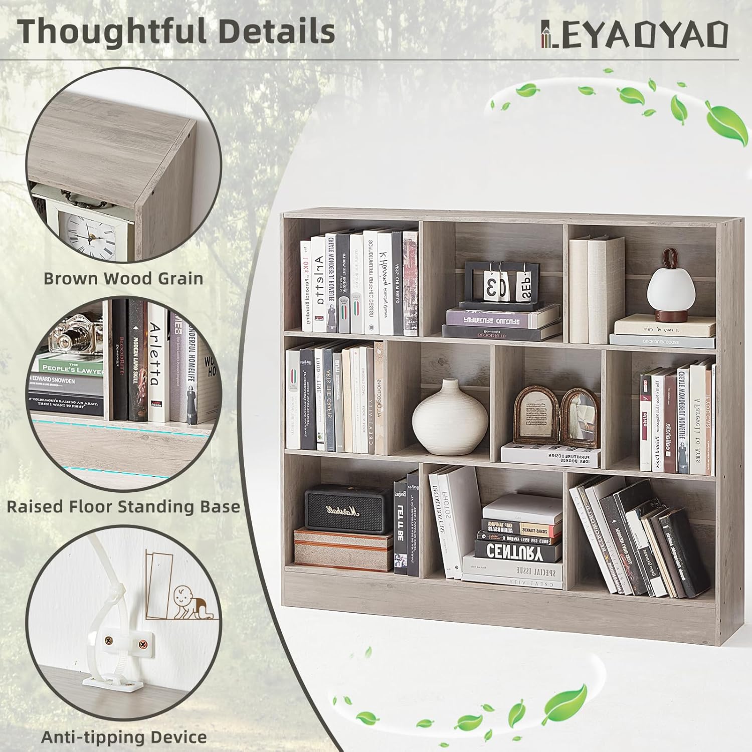 LEYAOYAO 10 Cube Bookshelf with Base,3 Tier Mid-Century Modern Grey Bookcase,Standing Wide
