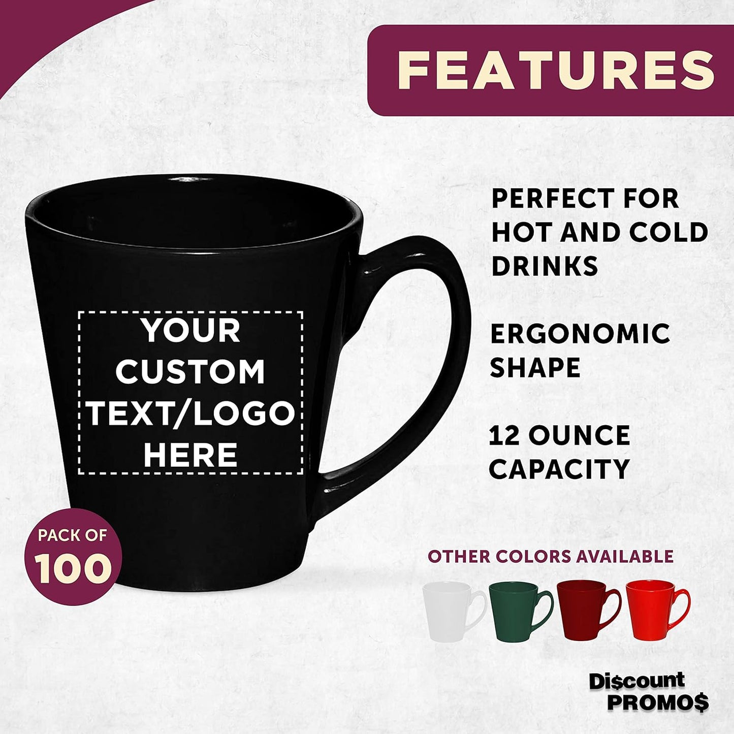 DISCOUNT PROMOS Custom Glossy Ceramic Latte Coffee Mug 12 oz. Set of 100, Personalized Bulk Pack