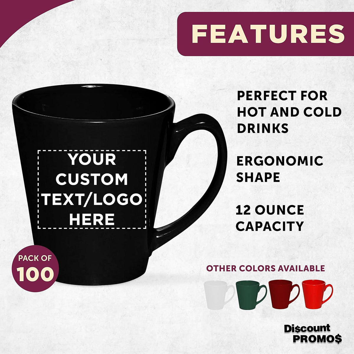 DISCOUNT PROMOS Custom Glossy Ceramic Latte Coffee Mug 12 oz. Set of 100, Personalized Bulk Pack
